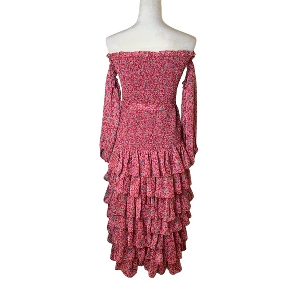 LIKELY Mitzie Ruffle Tiered Midi Dress Size 10 | Red Floral Off Shoulder Smocked - Picture 4 of 12